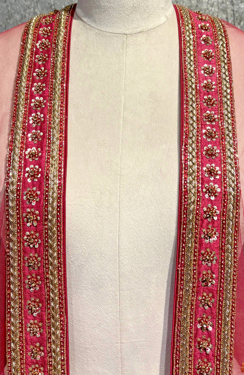 Red Zardozi Bead and Crystal Hand Embroidered Dupatta