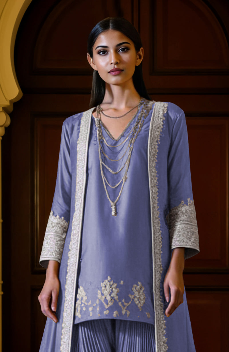 Iolite Silver Embroidered Jacket Dhoti Set