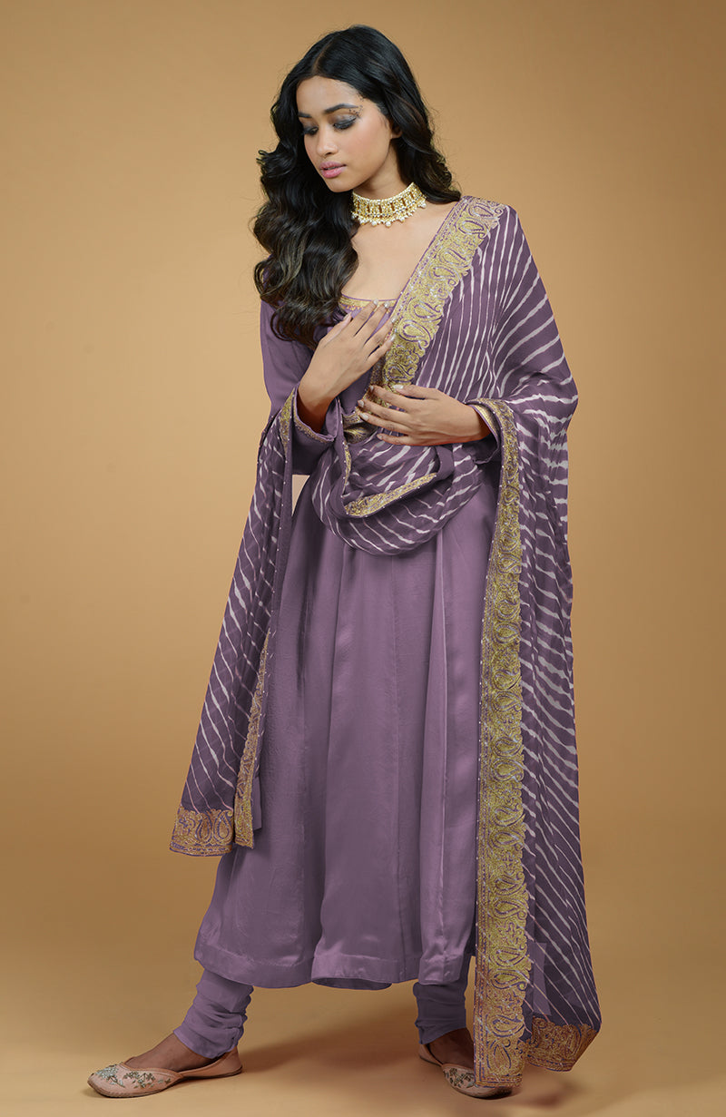 Lavender Leheriya-Tilla Embroidered Dupatta With Anarkali Set