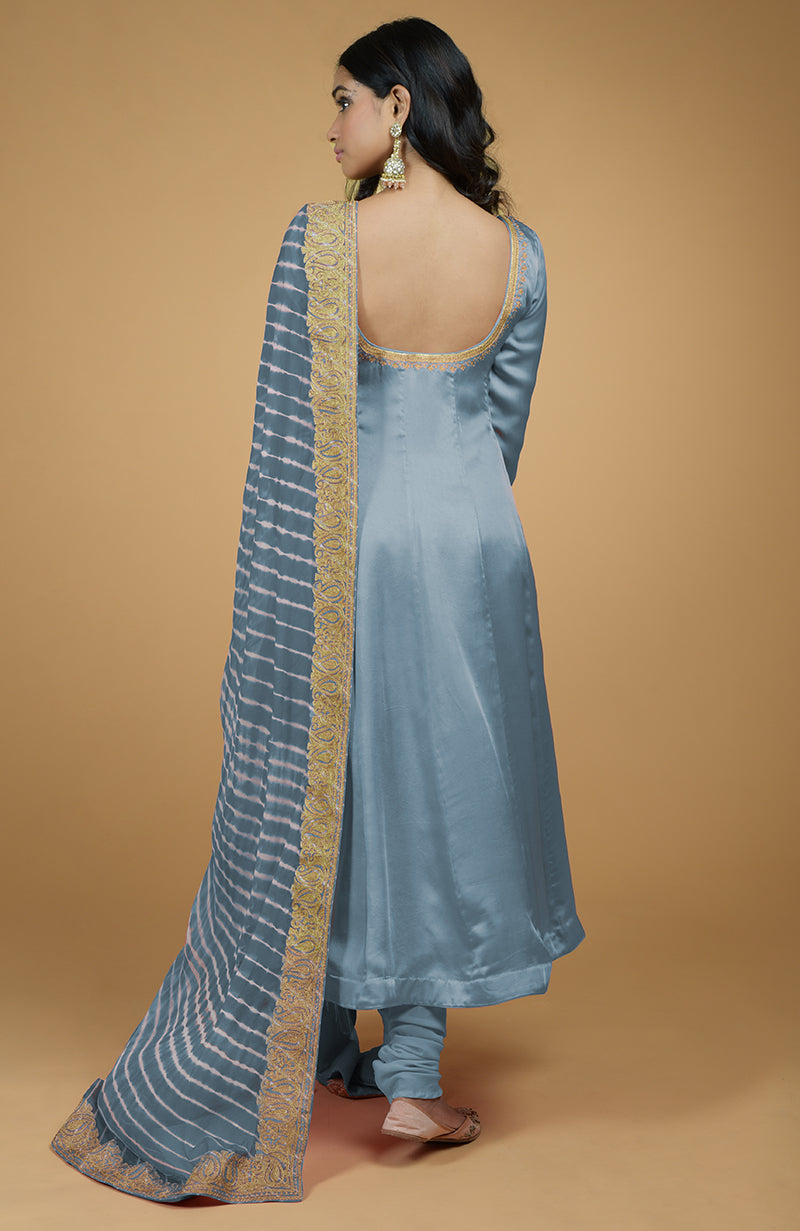 Greyish Blue Leheriya-Tilla Embroidered Dupatta With Anarkali Set