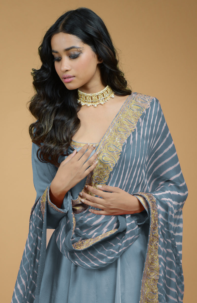 Greyish Blue Leheriya-Tilla Embroidered Dupatta With Anarkali Set