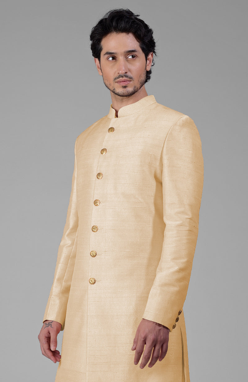 Light Gold Pure Silk Sherwani Set With Gold Plated Buttons