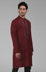 Black Silk Kurta With Floral Embroidered Placket Detail
