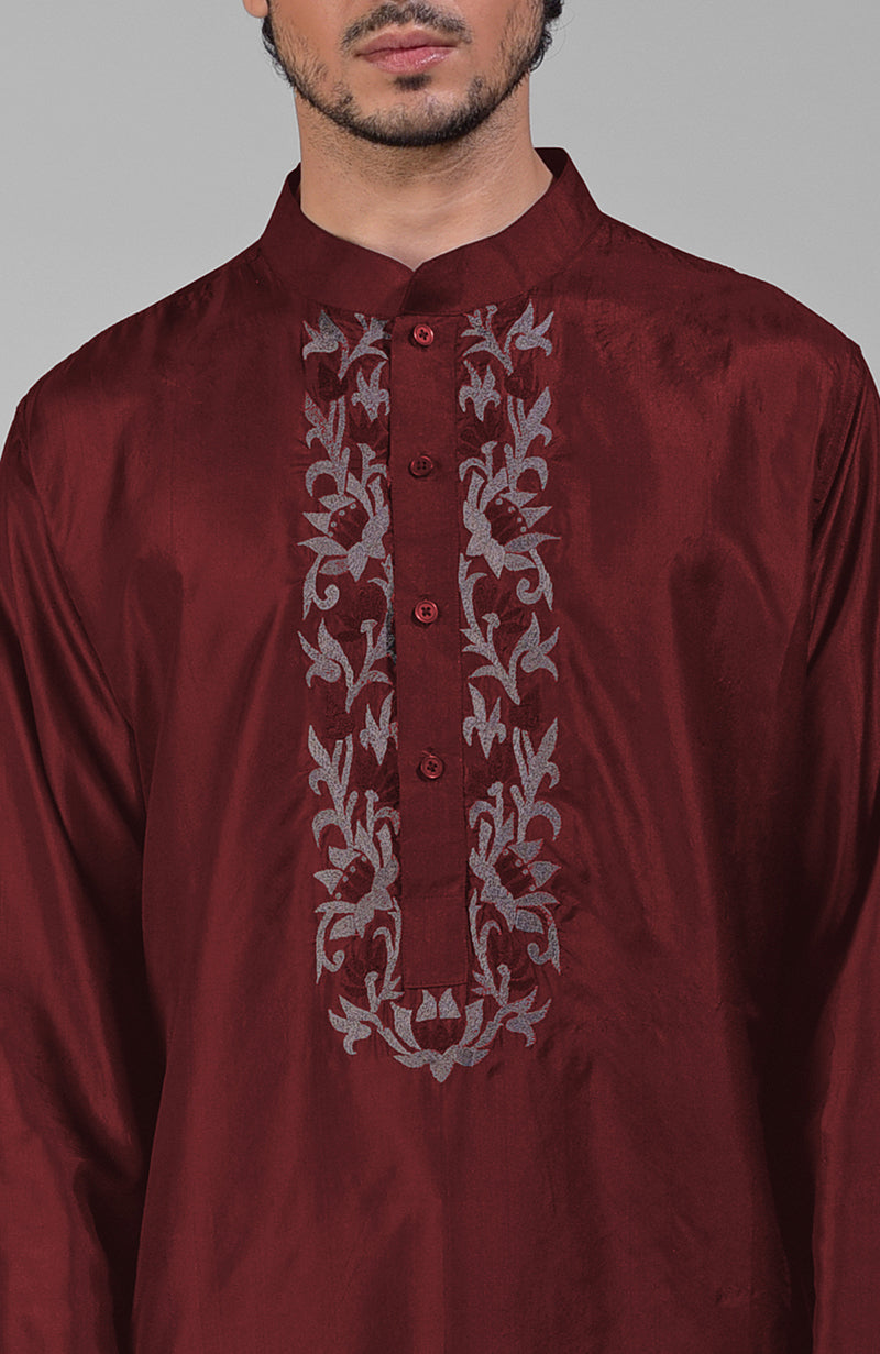 Maroon Silk Kurta With Floral Embroidered Placket Detail