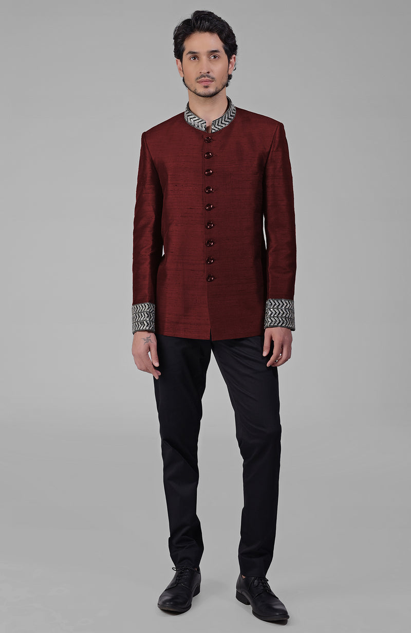 Maroon Zardozi Hand Embroidered Silk Bandhgala Jacket Set