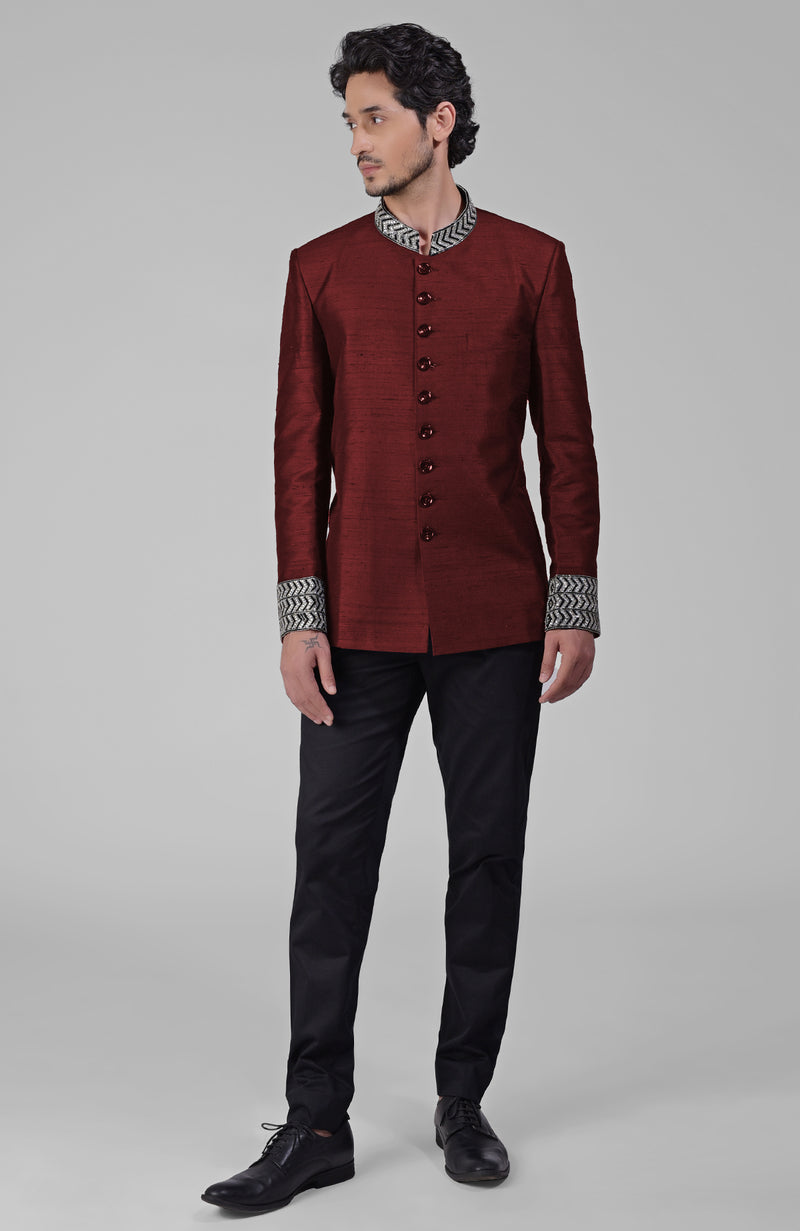 Maroon Zardozi Hand Embroidered Silk Bandhgala Jacket