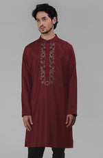 Wine Silk Kurta With Floral Embroidered Placket Detail