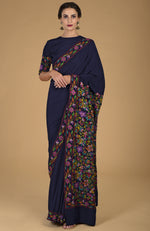 Midnight Blue Kashmir Kani Art Embroidered Pure Crepe Silk Saree With Blouse