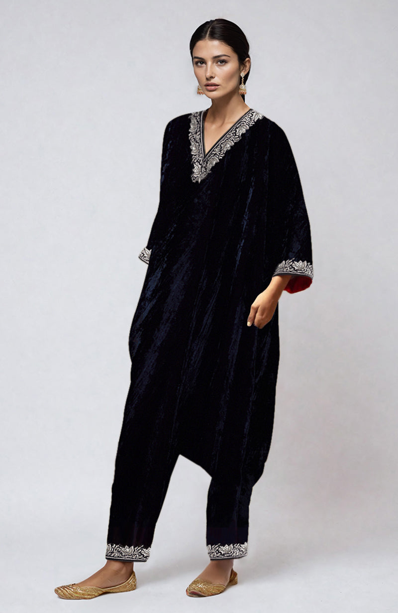 Midnight Blue Kashmiri Tilla Dozi Embroidered Kurta  Set