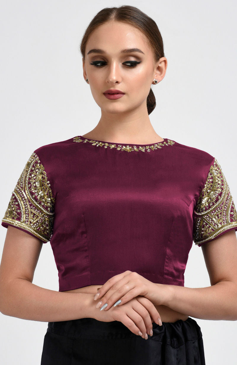 Burgundy Zardozi and Pearl Beads Hand Embroidered Blouse
