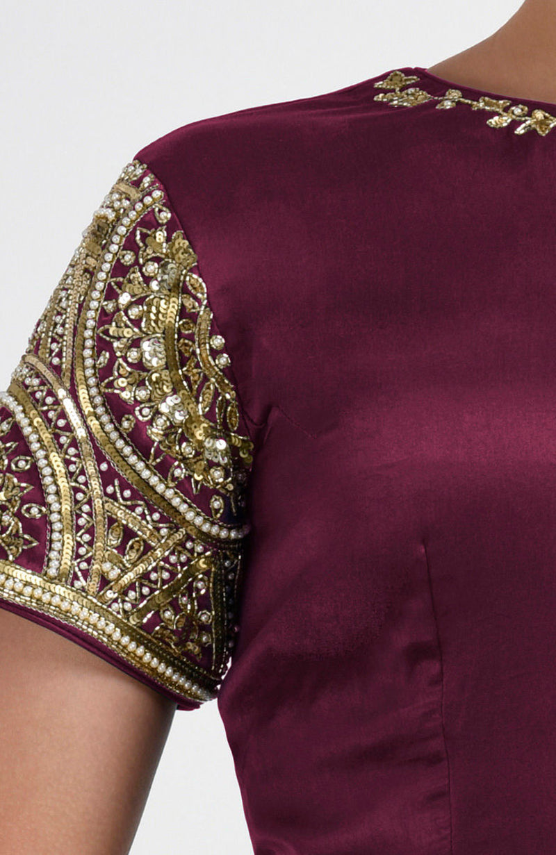 Burgundy Zardozi and Pearl Beads Hand Embroidered Blouse