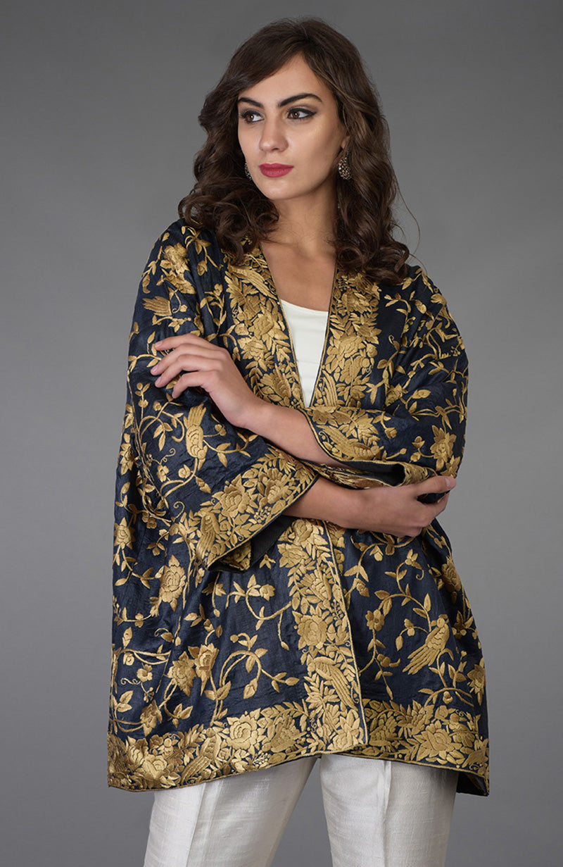 Charcoal Blue Parsi Gara Embroidered Kimono Jacket