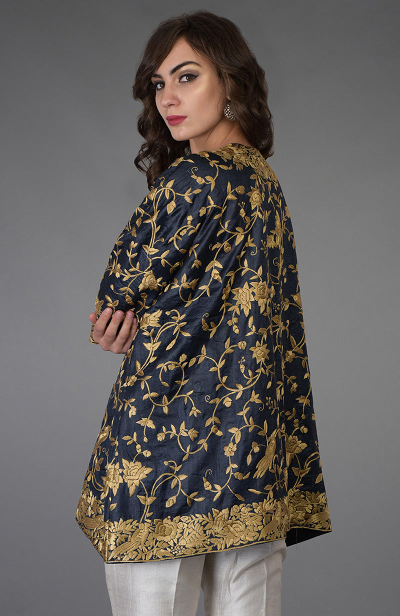 Charcoal Blue Parsi Gara Embroidered Kimono Jacket