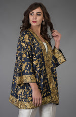 Charcoal Blue Parsi Gara Embroidered Kimono Jacket