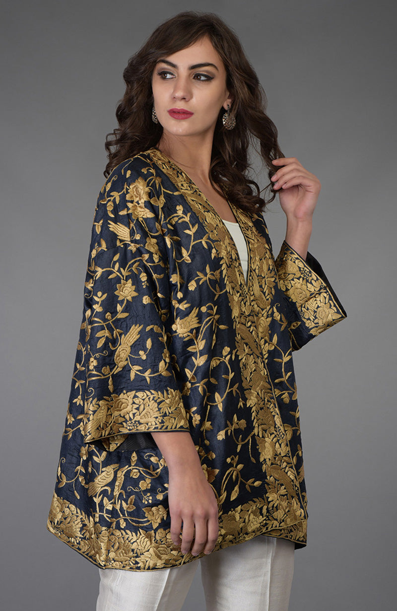 Charcoal Blue Parsi Gara Embroidered Kimono Jacket