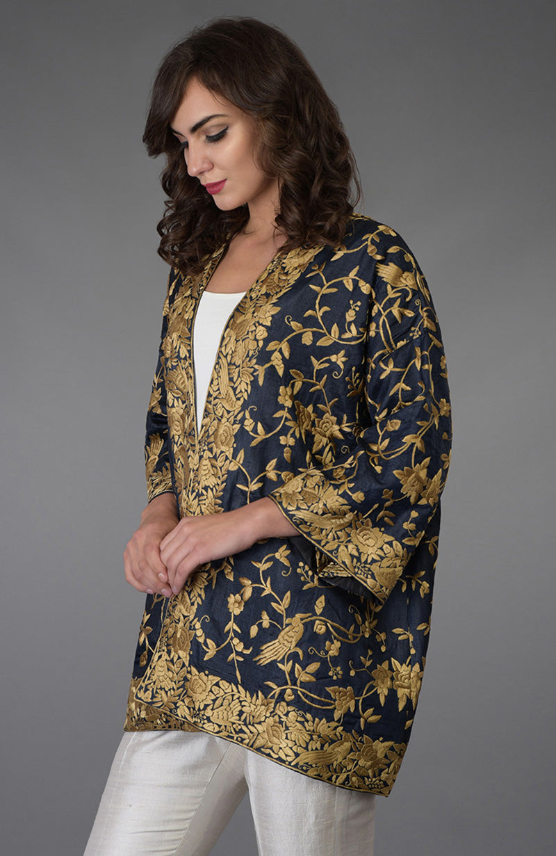 Charcoal Blue Parsi Gara Embroidered Kimono Jacket