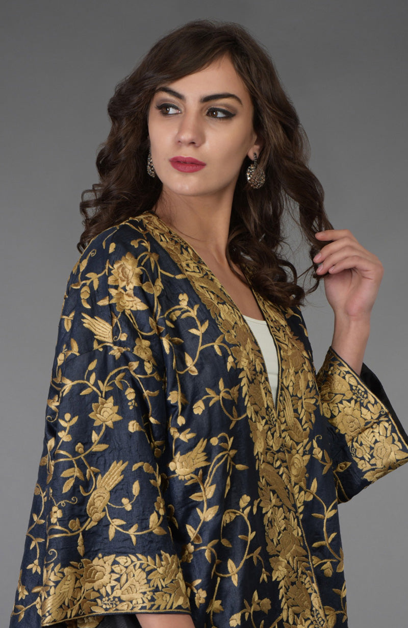 Charcoal Blue Parsi Gara Embroidered Kimono Jacket
