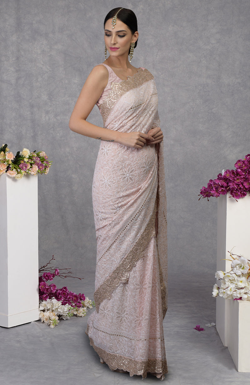 Heirloom Nude Pink Chikankari-Gota Patti Hand Embroidered Saree