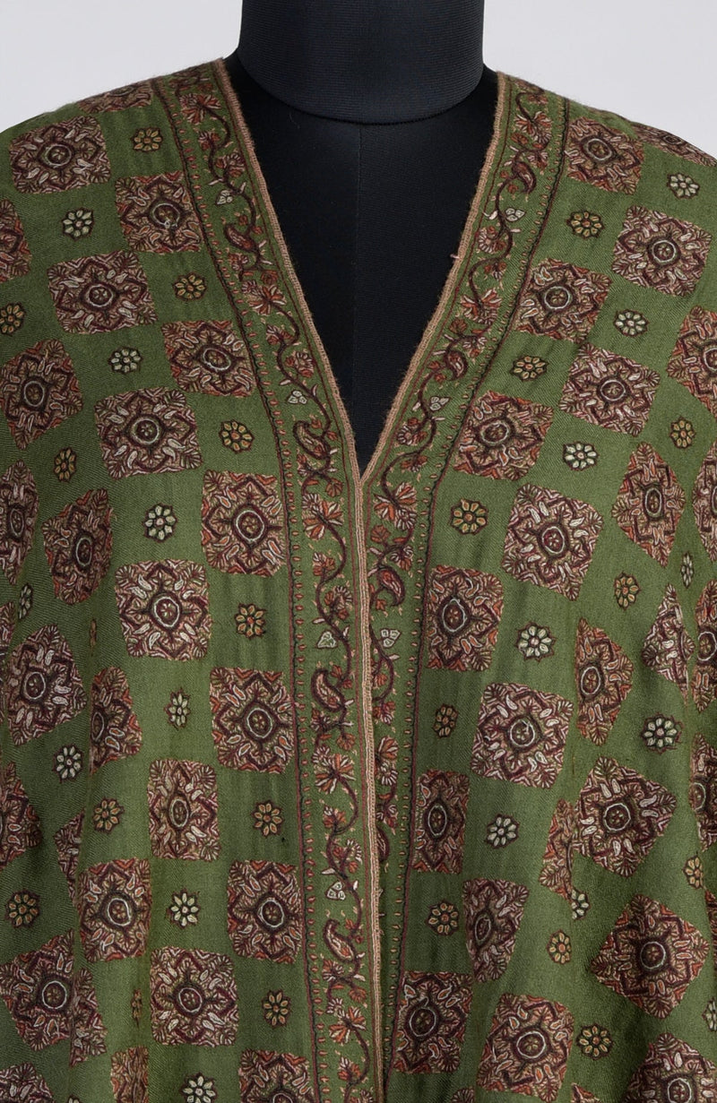 Olive Green Sozni Hand Embroidered Pure Pashmina Shawl