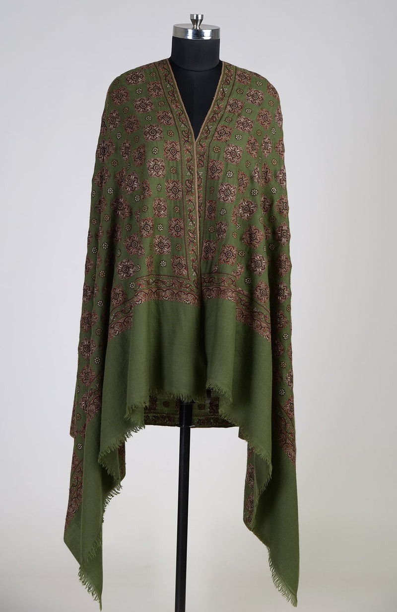 Olive Green Sozni Hand Embroidered Pure Pashmina Shawl