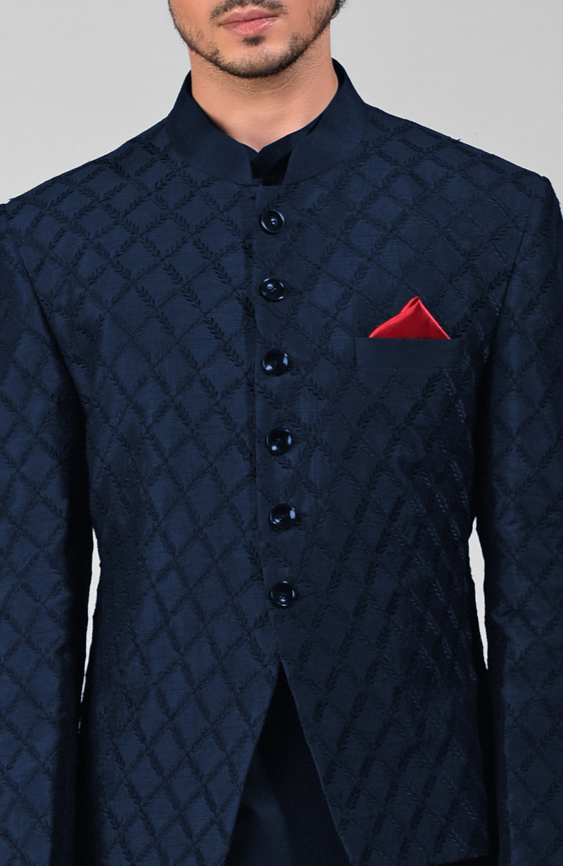 Navy Blue Chikankari Embroidered Bandhgala Jacket Set