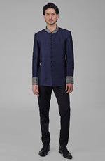 Navy Blue Zardozi Hand Embroidered Silk Bandhgala Jacket Set