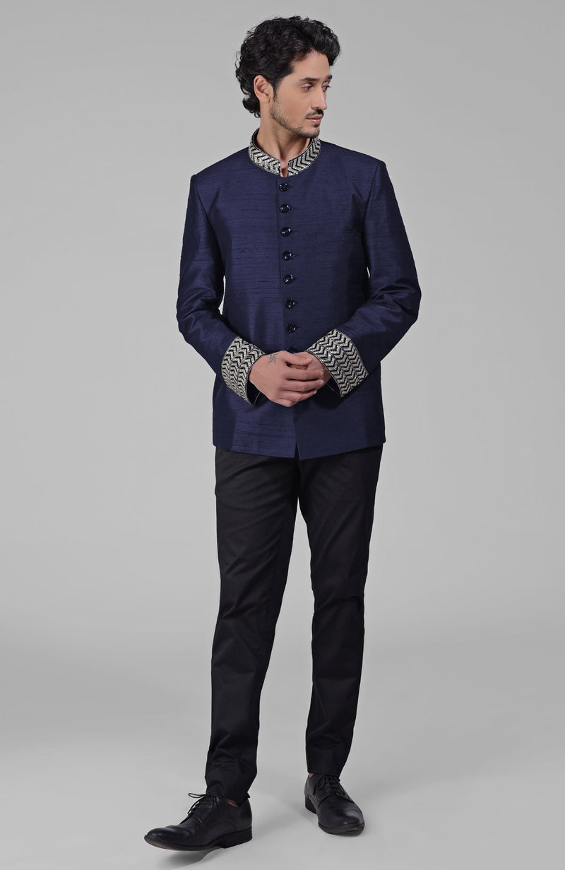 Navy Blue Zardozi Hand Embroidered Silk Bandhgala Jacket