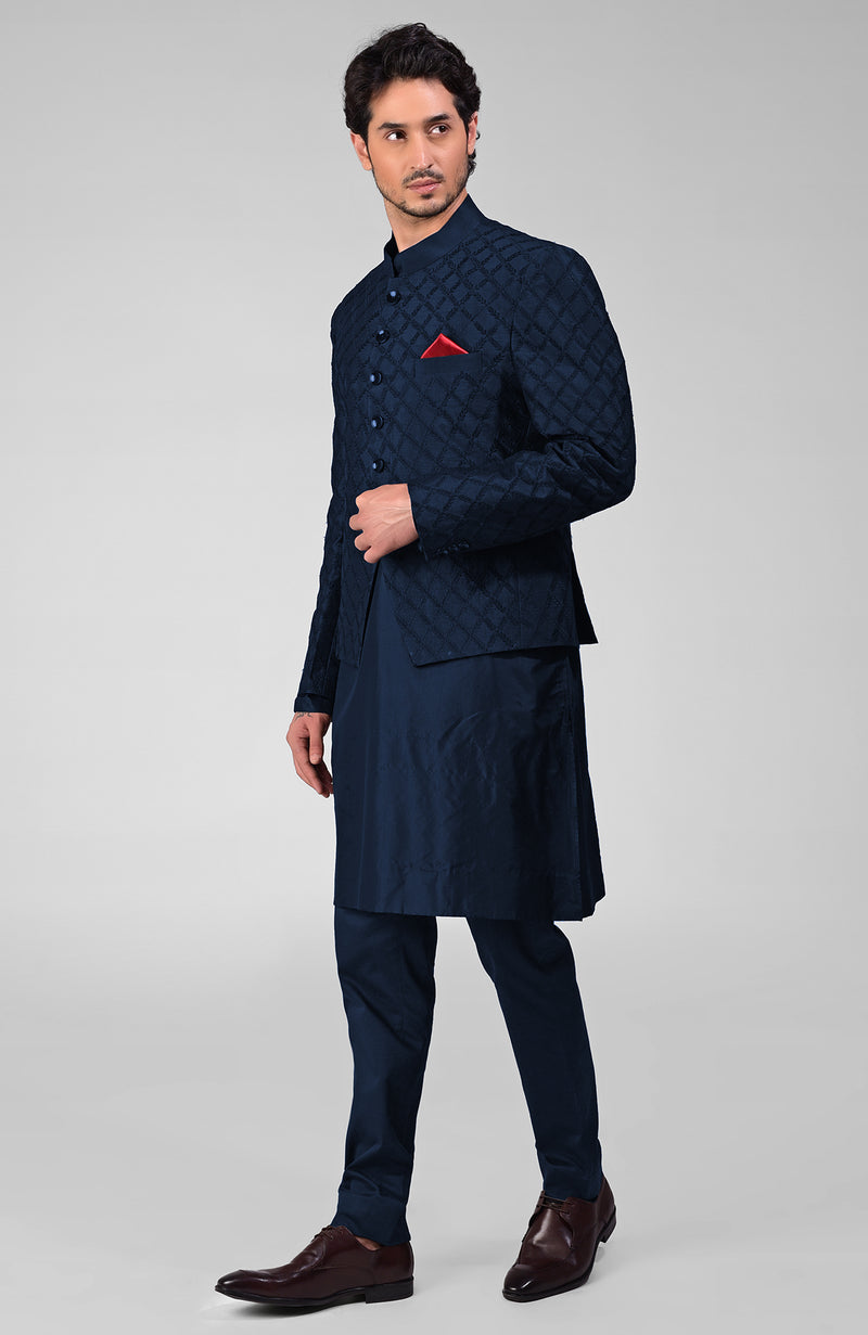 Navy Blue Chikankari Embroidered Bandhgala Jacket Set