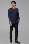 Navy Blue Zardozi Hand Embroidered Silk Bandhgala Jacket Set