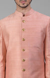 Peach Pure Silk Sherwani Set With Gold Buttons