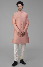 Barely Pink Pure Silk Sherwani Set With Gold Plated Buttons
