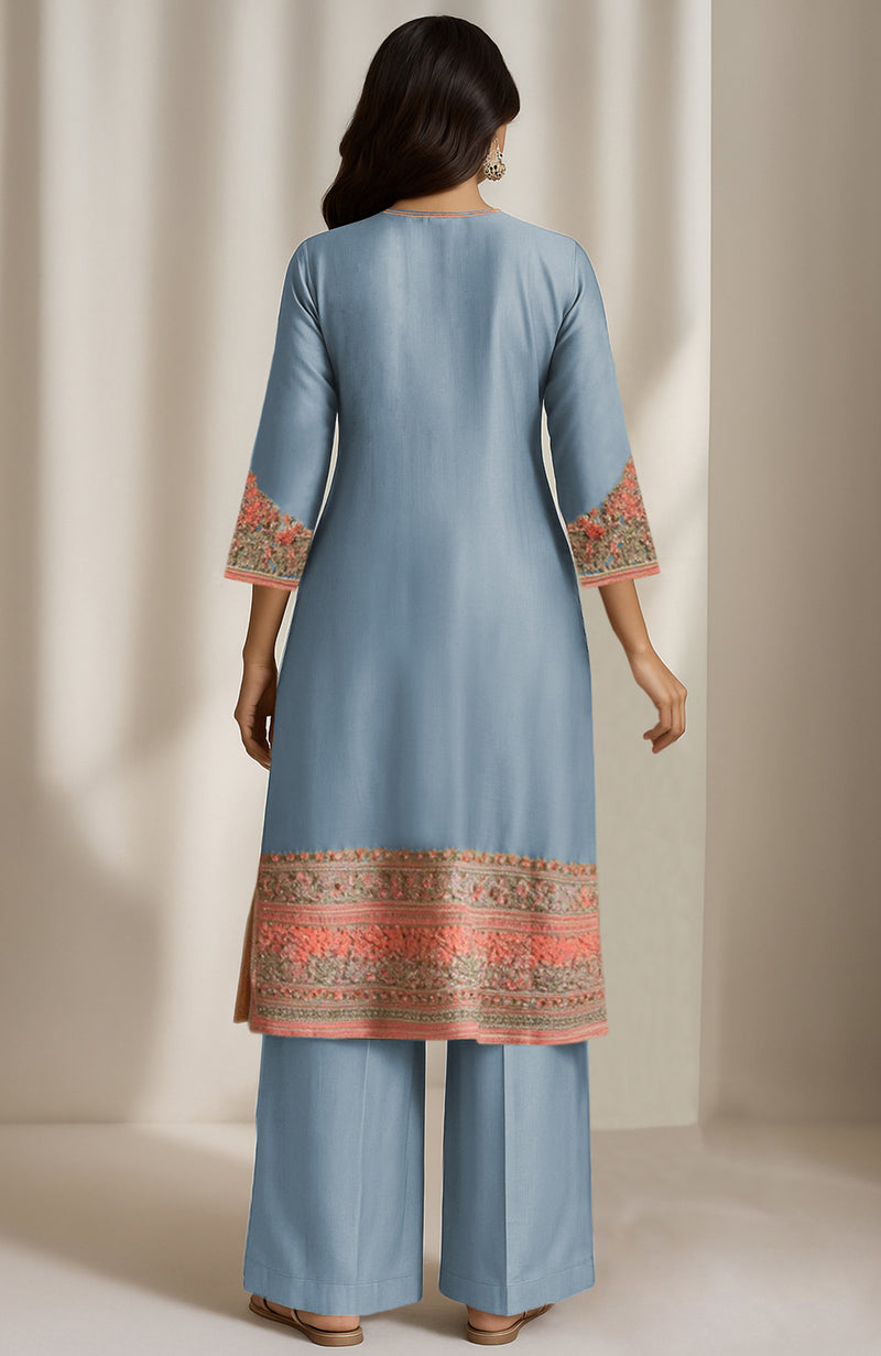 Powdered Indigo Embroidered Kurta Set