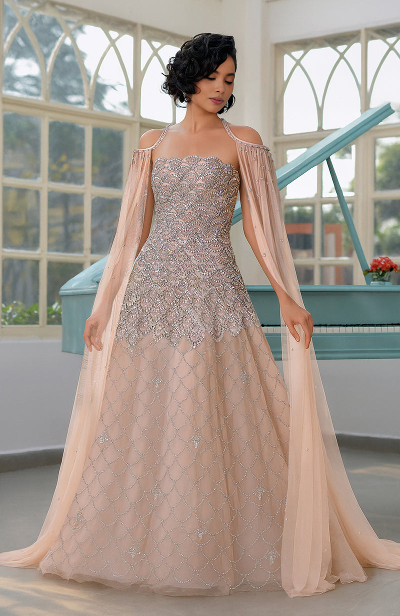 NAIRA-Nude Crystal & Beads Hand Embroidered  Princess Gown with Cape