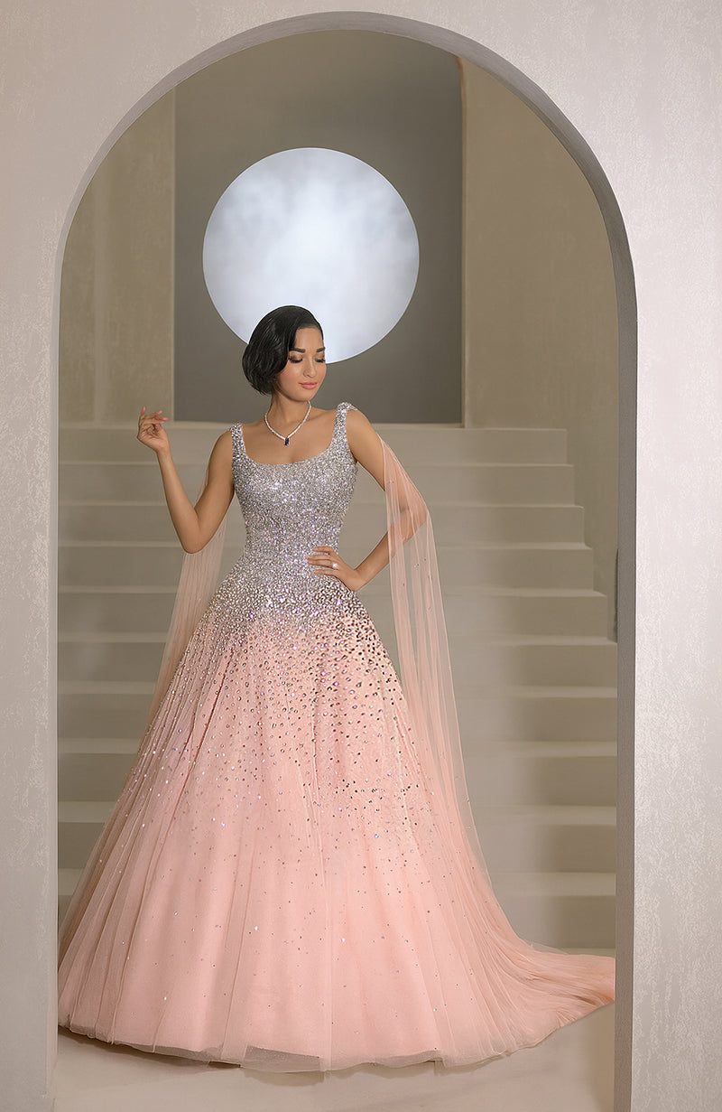NAIRA- Pink Crystal and Pearls Hand Embroidered  Princess Gown with Cape