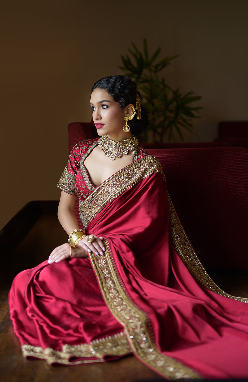 Blood Red- Gold Zardozi Hand Embroidered Pure Silk Saree – Talking Threads