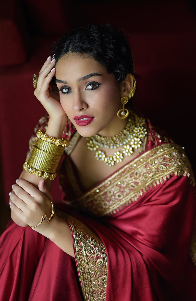 Blood Red- Gold Zardozi Hand Embroidered Pure Silk Saree
