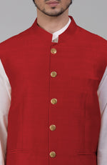 Red Pure Raw Silk Waistcoat Bandi Jacket