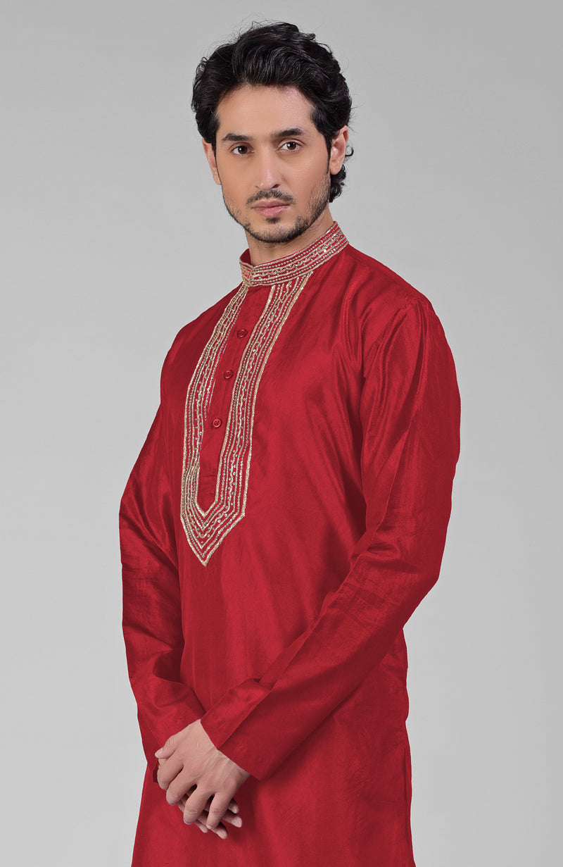Red Zardosi Hand Embroidered Pure Silk Kurta