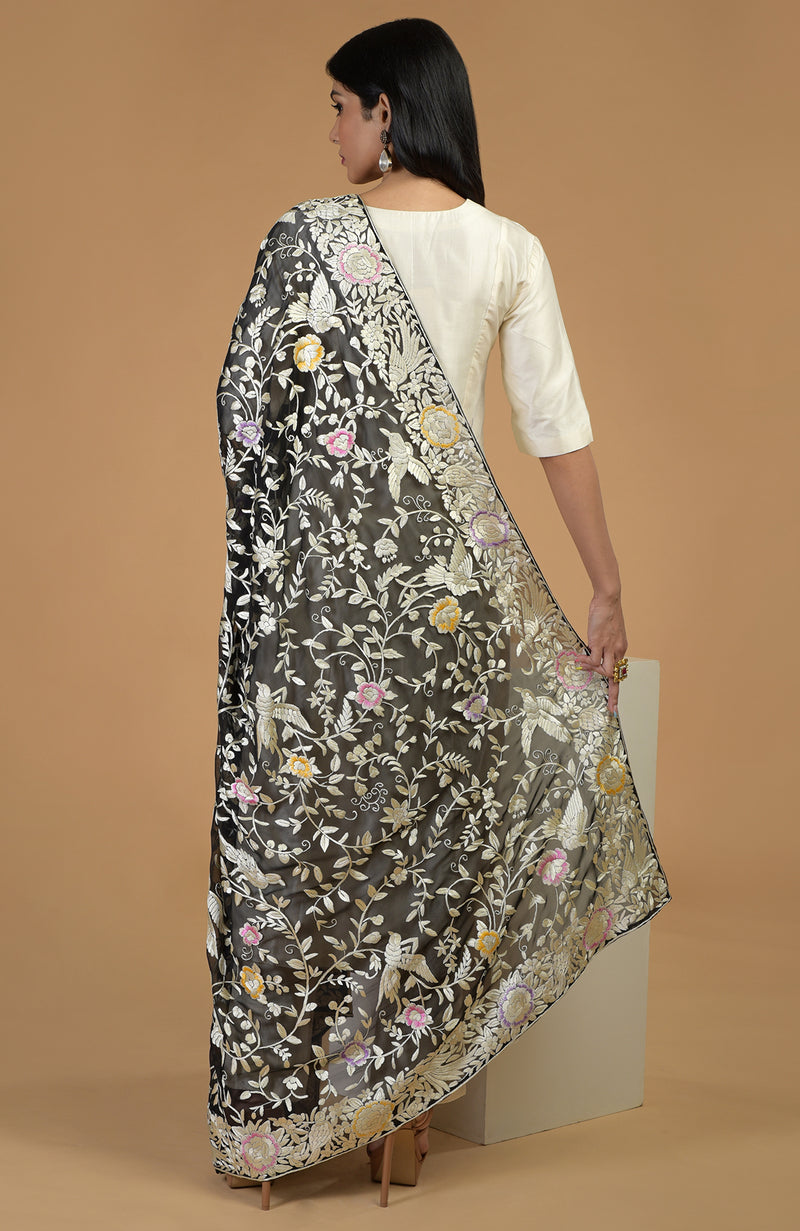 Masterpiece Black Parsi Gara Hand Embroidered Dupatta