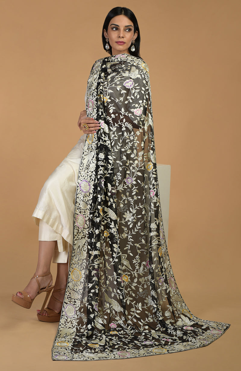Masterpiece Black Parsi Gara Hand Embroidered Dupatta