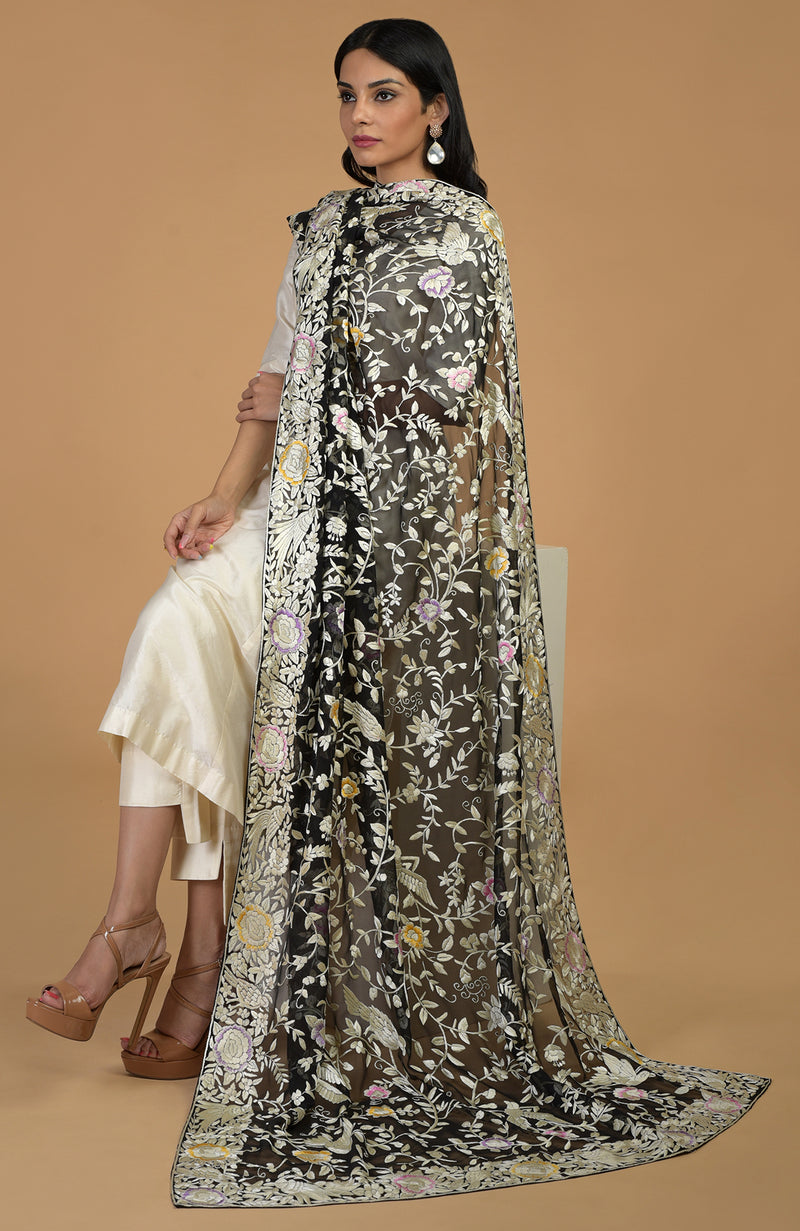 Masterpiece Black Parsi Gara Hand Embroidered Dupatta