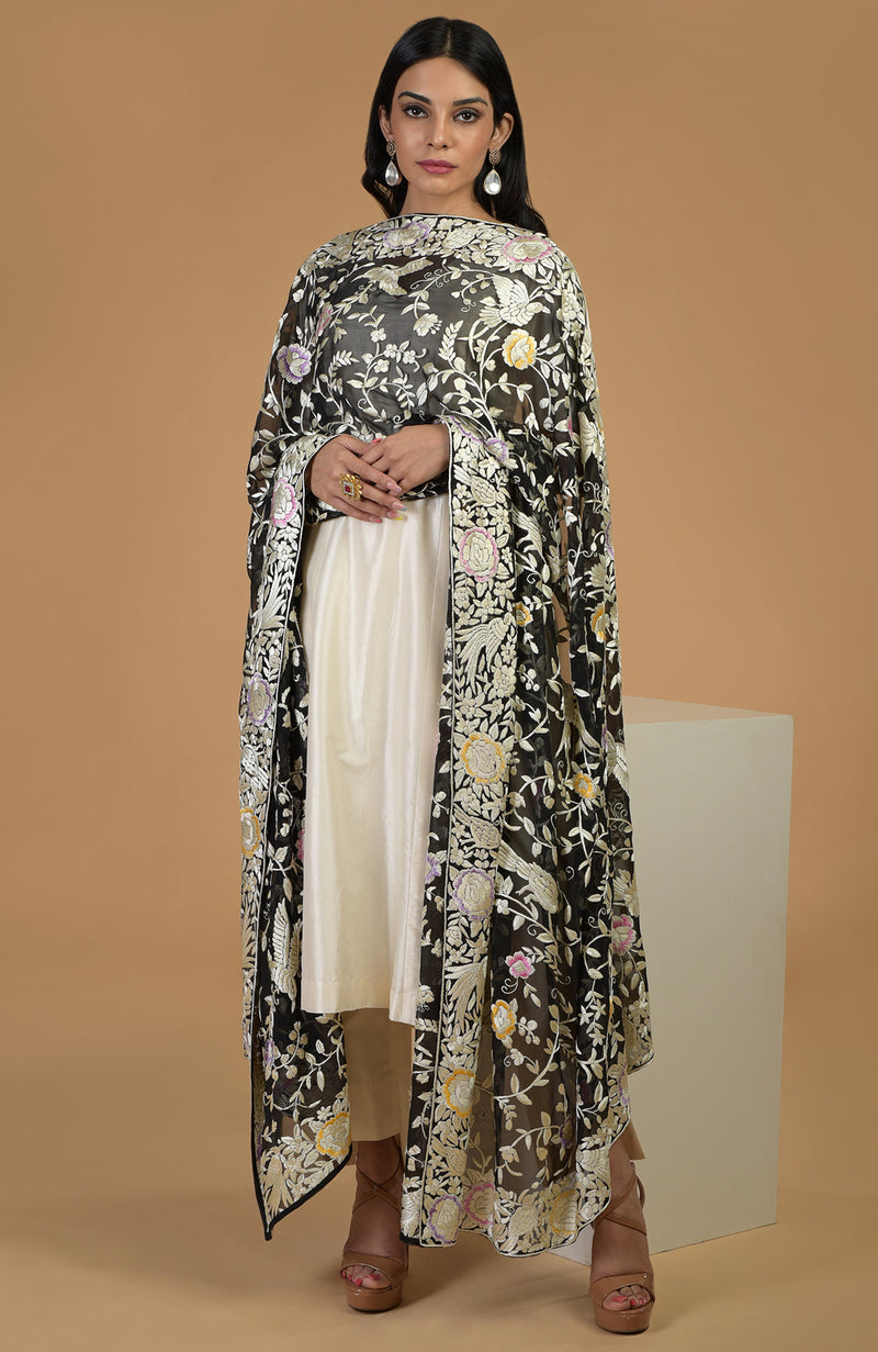 Masterpiece Black Parsi Gara Hand Embroidered Dupatta