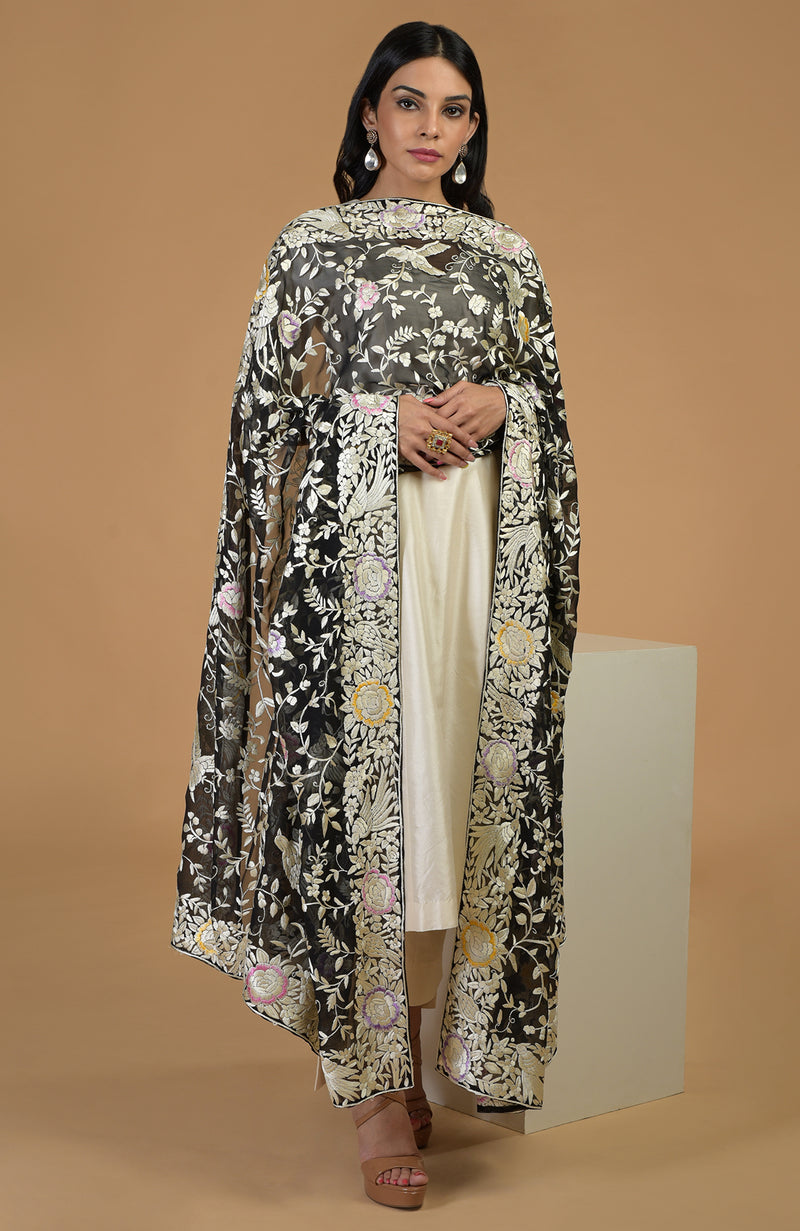 Masterpiece Black Parsi Gara Hand Embroidered Dupatta