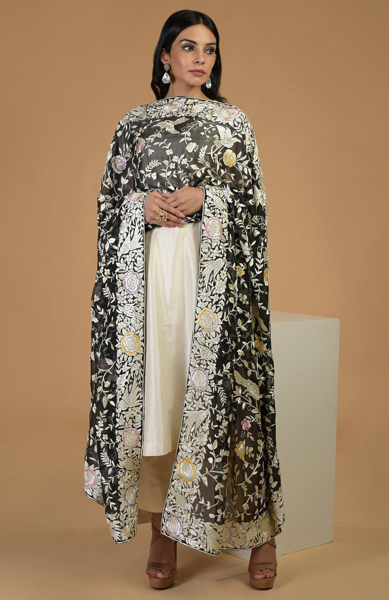 Masterpiece Black Parsi Gara Hand Embroidered Dupatta