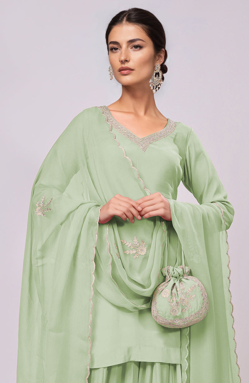 Sage Green Kashmiri Tilla Aari Embroidered Sharara Set