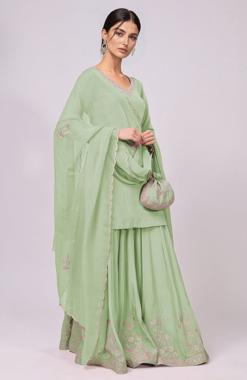 Sage Green Kashmiri Tilla Aari Embroidered Sharara Set