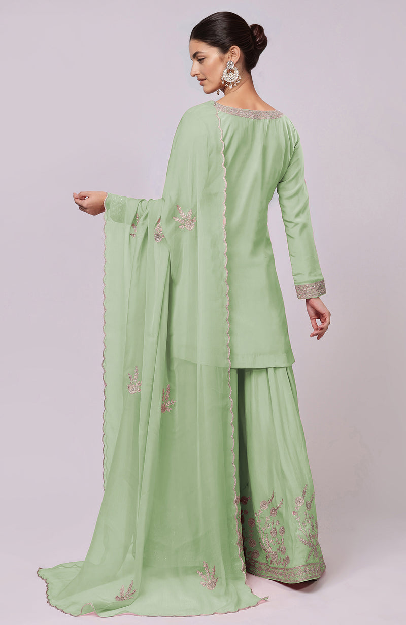 Sage Green Kashmiri Tilla Aari Embroidered Sharara Set