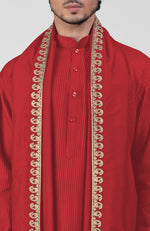 Scarlet Red Pintuck Pathani Kurta Salwar Set & Tilla Embroidered Dupatta