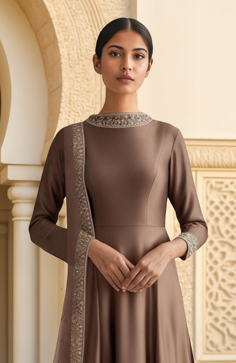Mocha Brown Resham Zari & Sequin Embroidered Anarkali Set