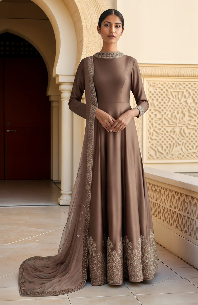 Mocha Brown Resham Zari & Sequin Embroidered Anarkali Set